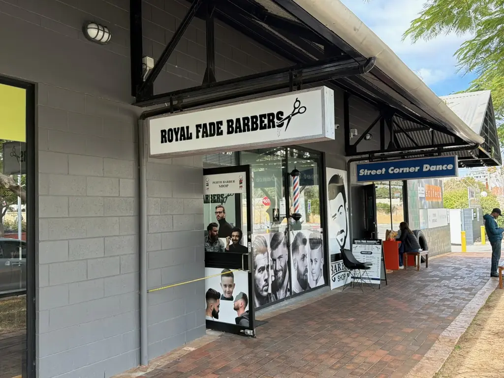 Royal Fade Barbers entrance signage at Plaistowe Mews, City West in West Perth